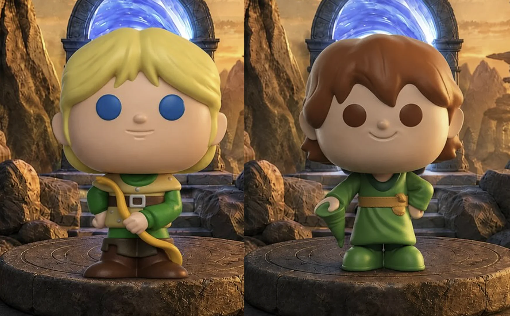 Miniaturas de Hank e Presto da coleção Caverna do Dragão da Domino's posicionadas diante de um portal mágico.