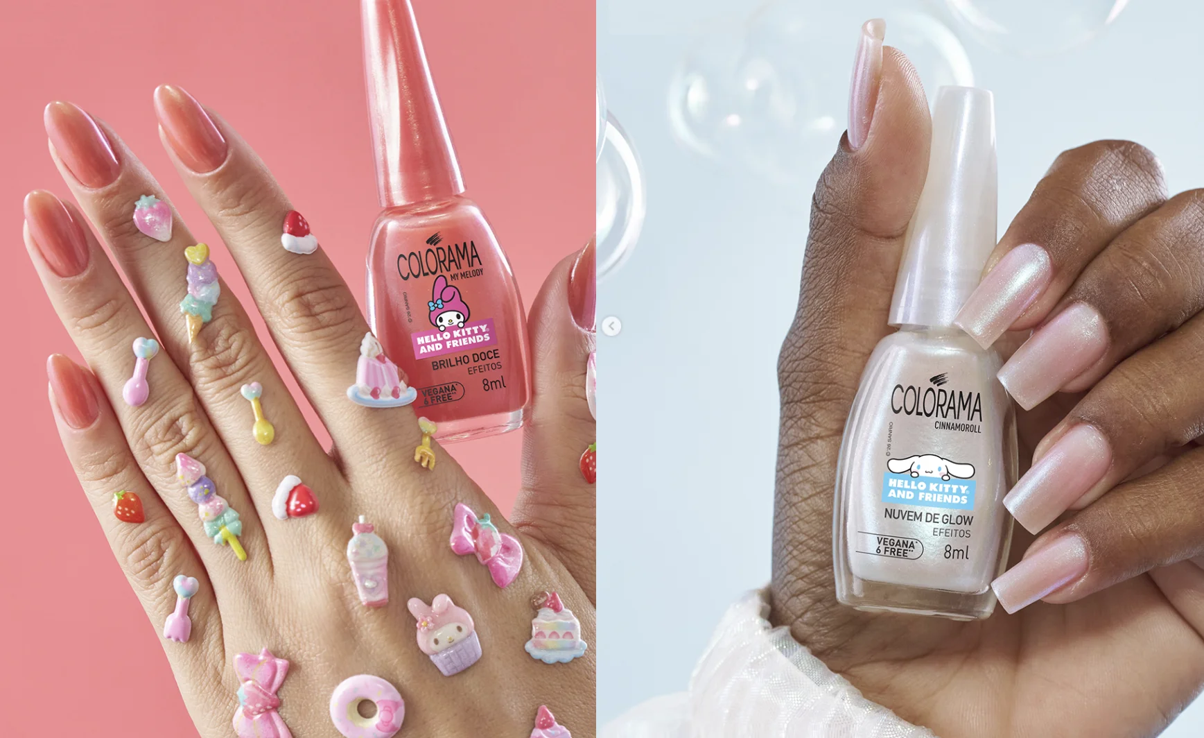 Esmaltes Brilho Doce e Nuvem de Glow da coleção Hello Kitty and Friends aplicados nas unhas.