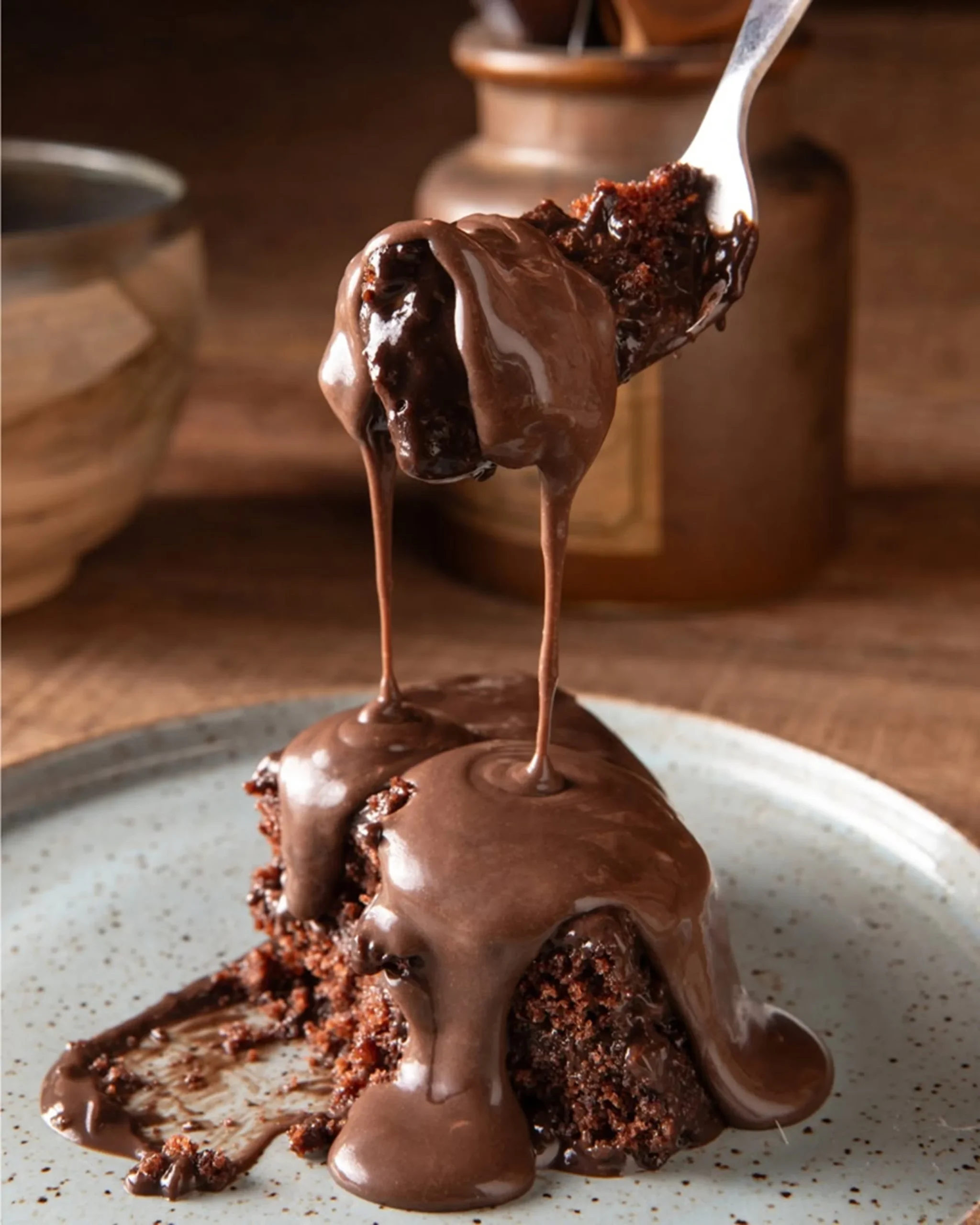 Fatia de bolo de chocolate com cobertura cremosa escorrendo sobre prato claro.