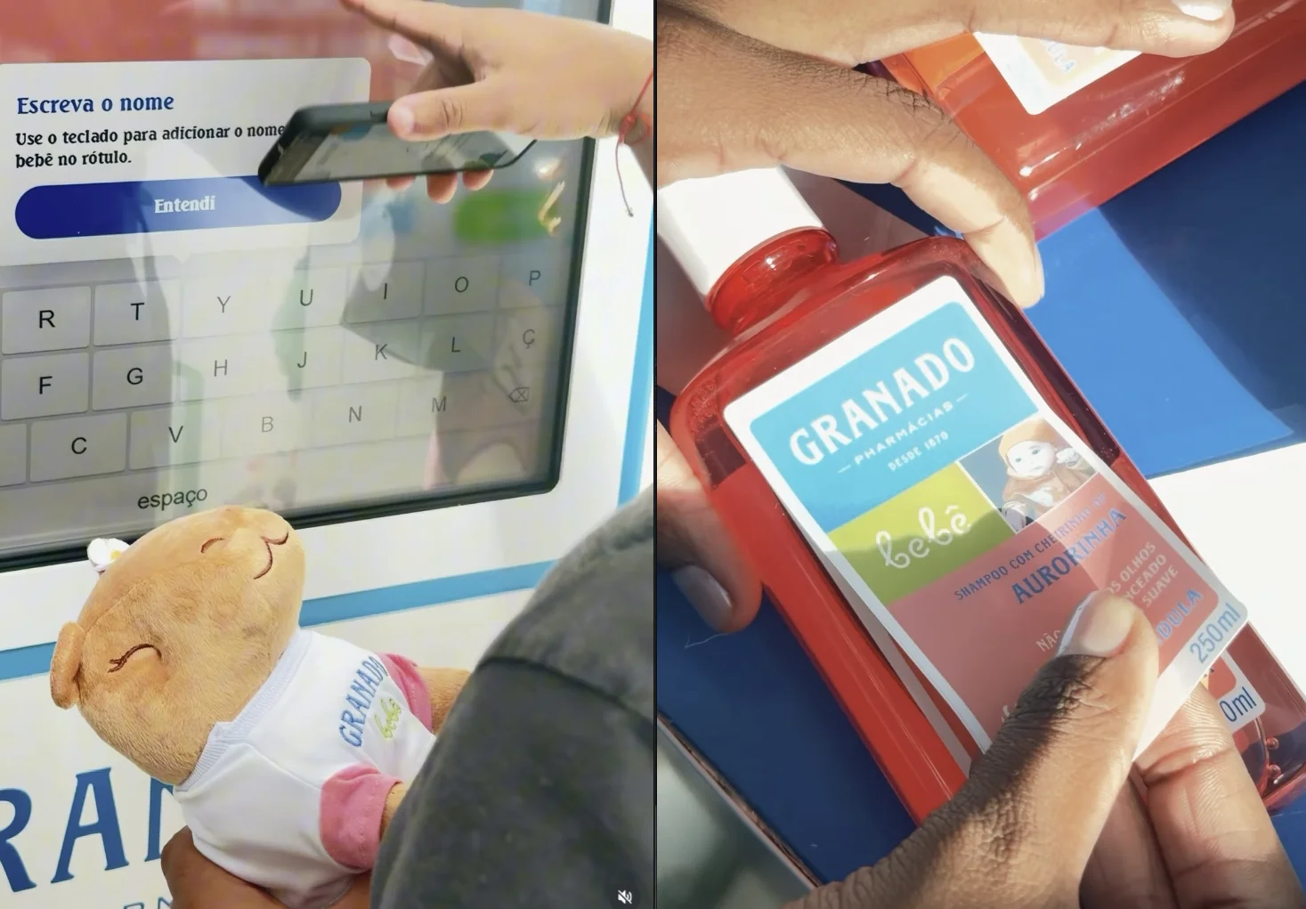 Visitante utiliza totem digital para criar um rótulo personalizado, enquanto outro frasco recebe etiqueta com nome exclusivo.