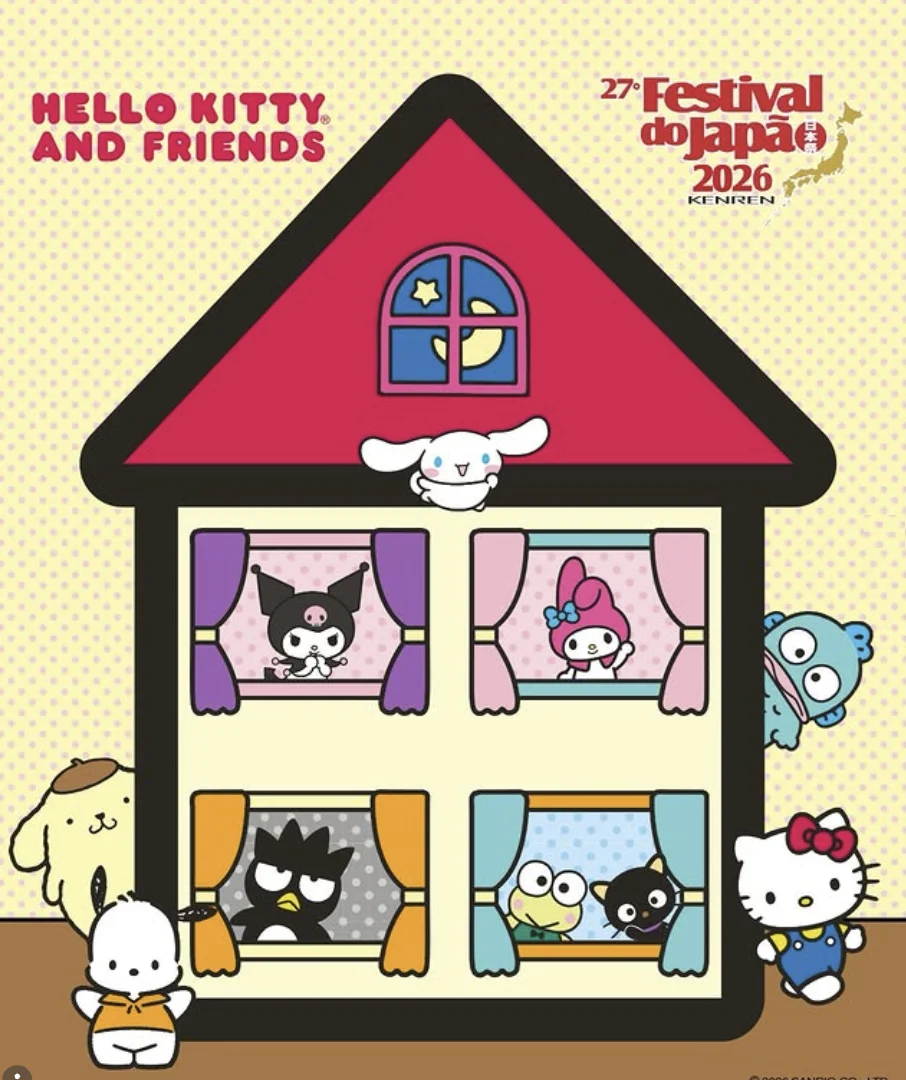 Ilustração da casa da Hello Kitty and Friends criada para divulgar a participação da Sanrio no Festival do Japão 2026, com diversos personagens nas janelas