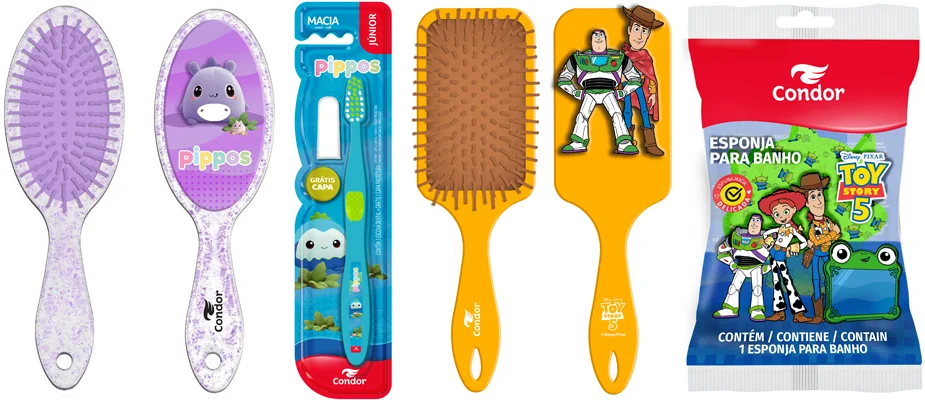 Produtos infantis da Condor e Pippos com escovas de cabelo, escova dental e esponja de banho inspiradas em Toy Story.
