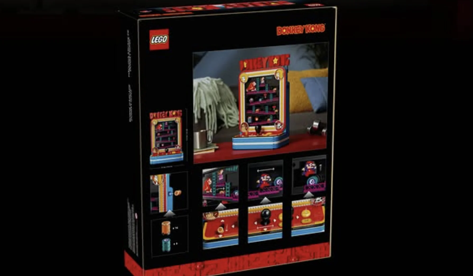Parte traseira da caixa do set LEGO Donkey Kong Arcade mostrando recursos e detalhes do modelo.