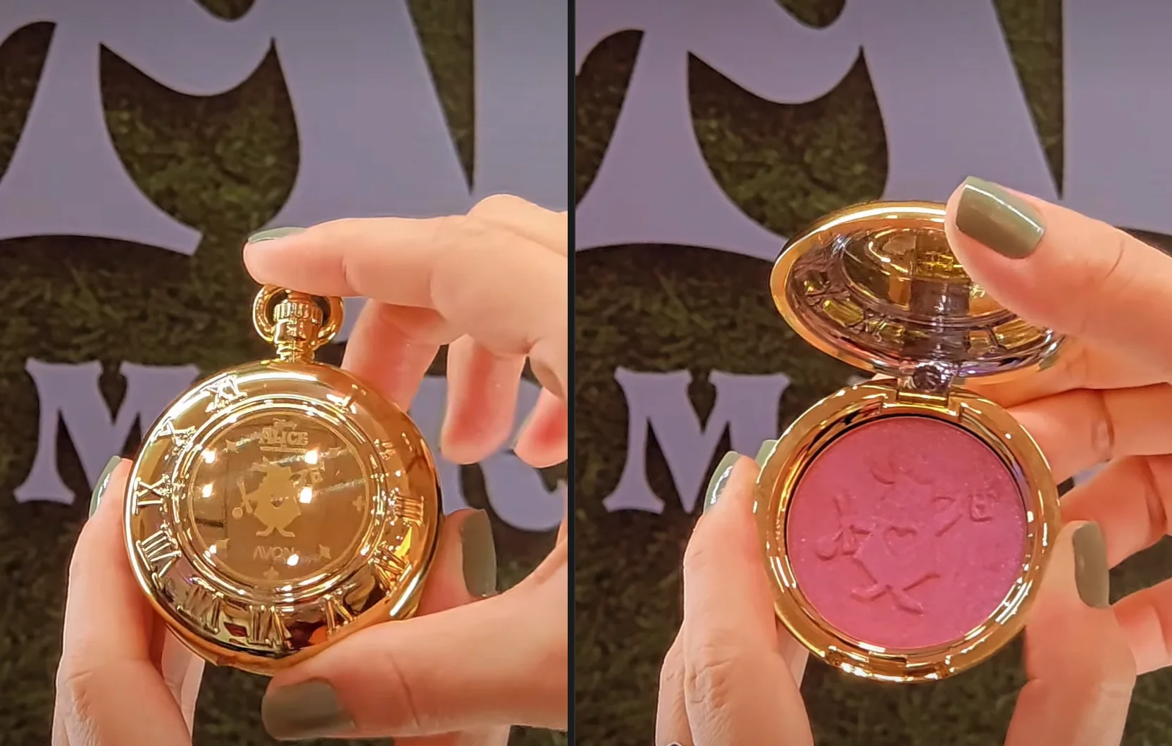 Blush da coleção Avon Alice no País das Maravilhas em embalagem dourada inspirada no relógio do Coelho Branco.
