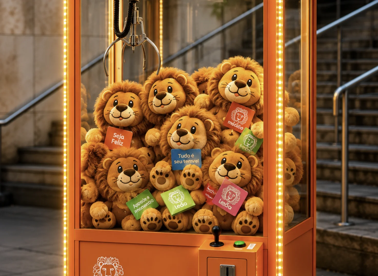 Máquina de garras da Leão repleta de pelúcias exclusivas em formato de leão durante ativação promocional.