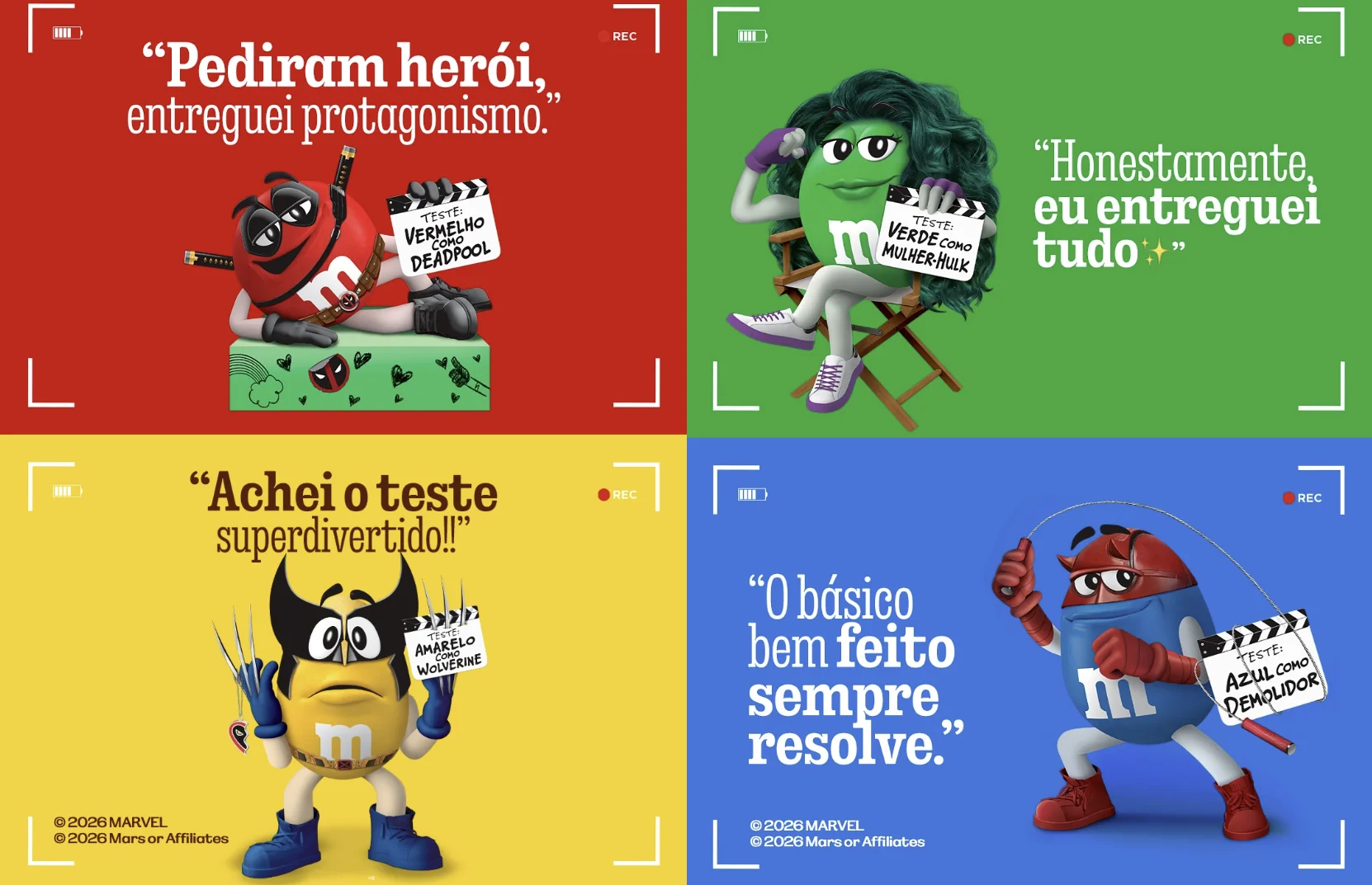 Personagens M&M'S caracterizados como Deadpool, Mulher-Hulk, Wolverine e Demolidor durante testes de elenco da campanha com a Marvel.