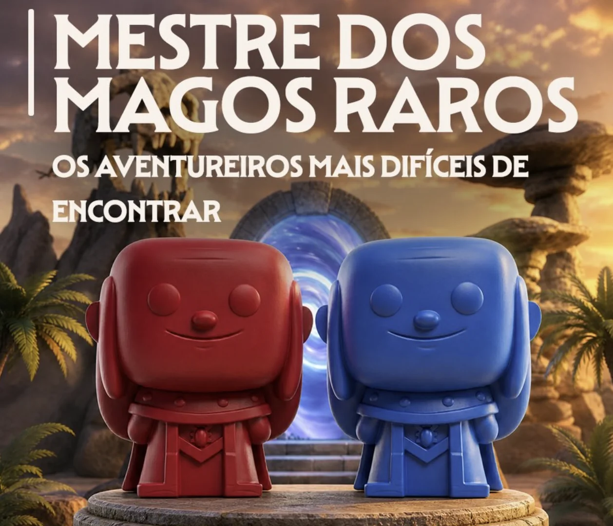 Miniaturas monocromáticas vermelha e azul do Mestre dos Magos, apresentadas como versões raras da coleção da Domino's.