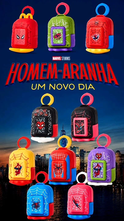 Cartaz da coleção de mini mochilas do Homem-Aranha para o McLanche Feliz, exibindo os dez modelos disponíveis.