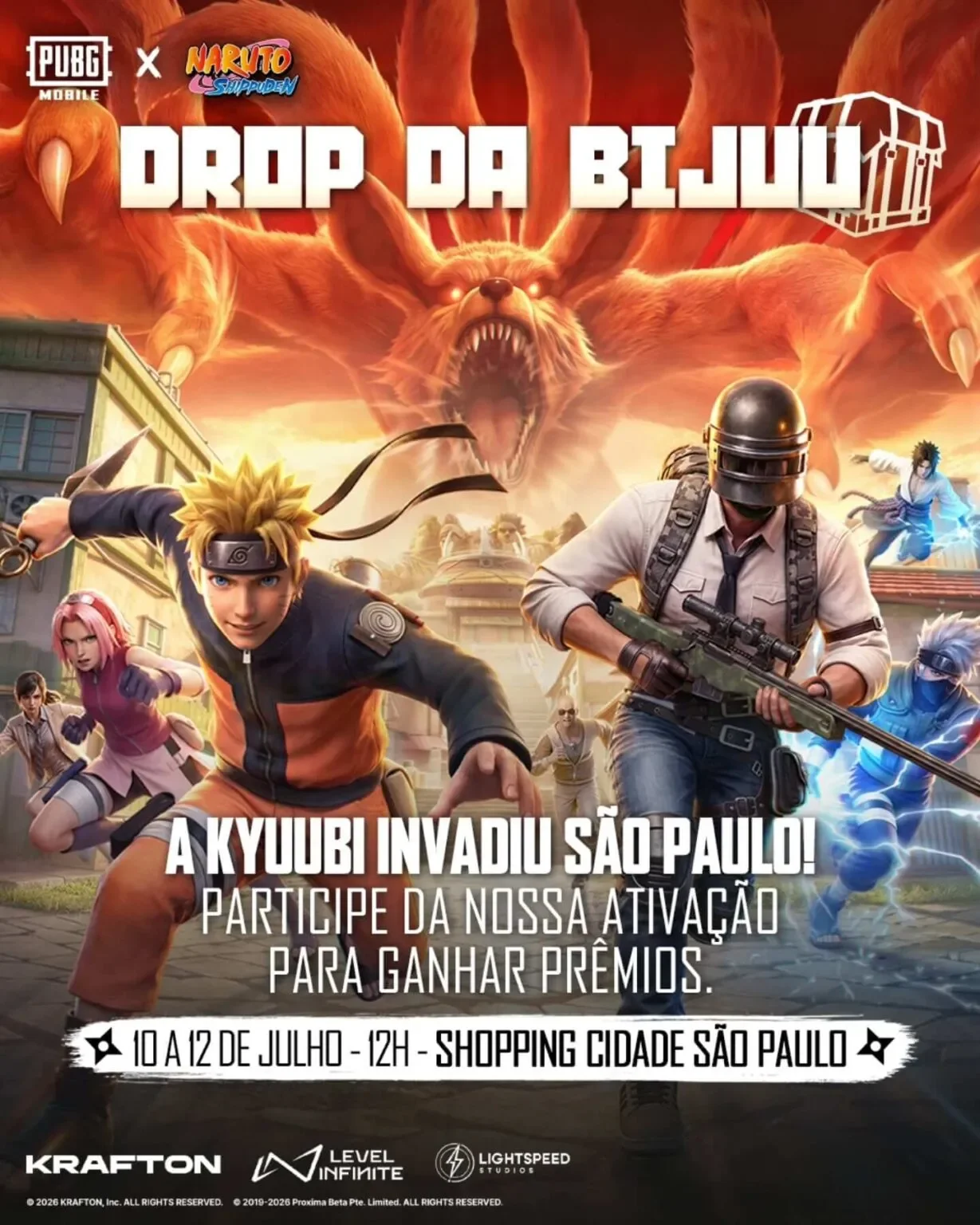 Cartaz da ativação de Naruto x PUBG MOBILE no Shopping Cidade São Paulo com personagens do anime e do jogo.