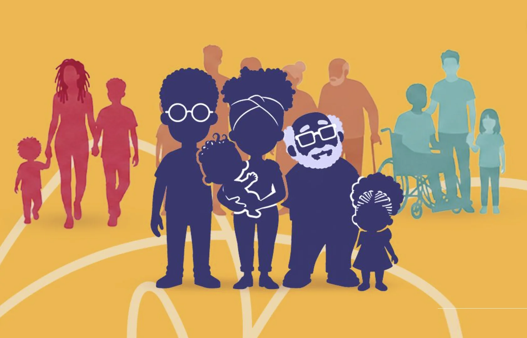 Ilustração representa a diversidade das famílias e das primeiras infâncias brasileiras abordadas pela exposição.