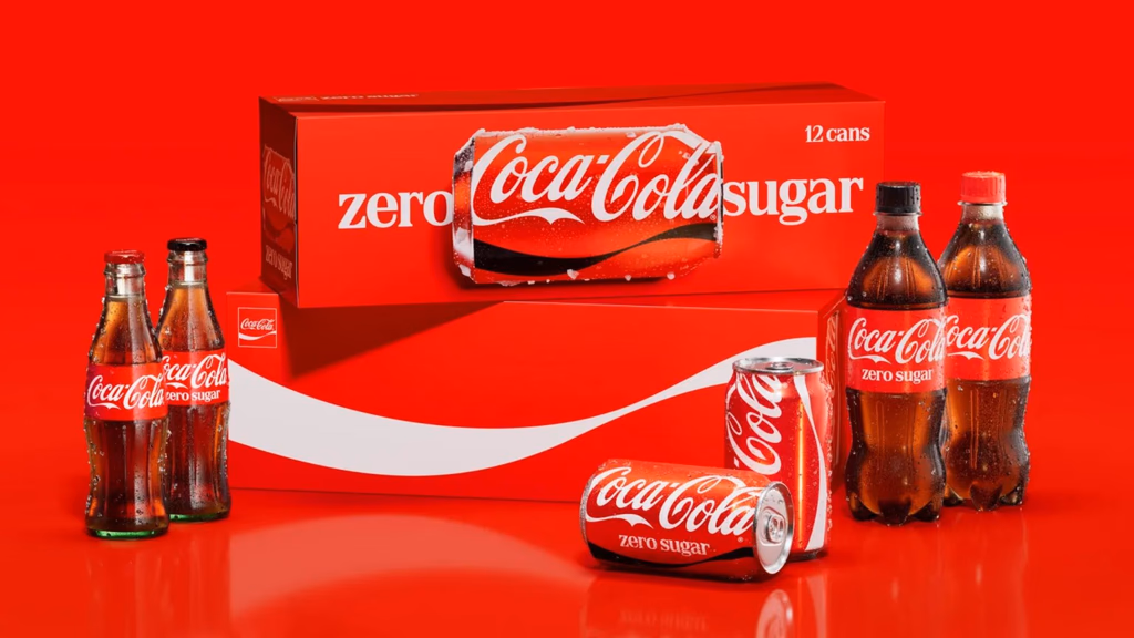 Embalagens da Coca-Cola Zero Sugar apresentam o novo padrão visual com predominância do vermelho e detalhes em preto.