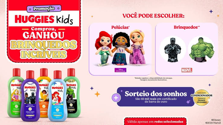 Banner da promoção Huggies Kids com produtos, pelúcias Disney, brinquedos Marvel e destaque para os prêmios.