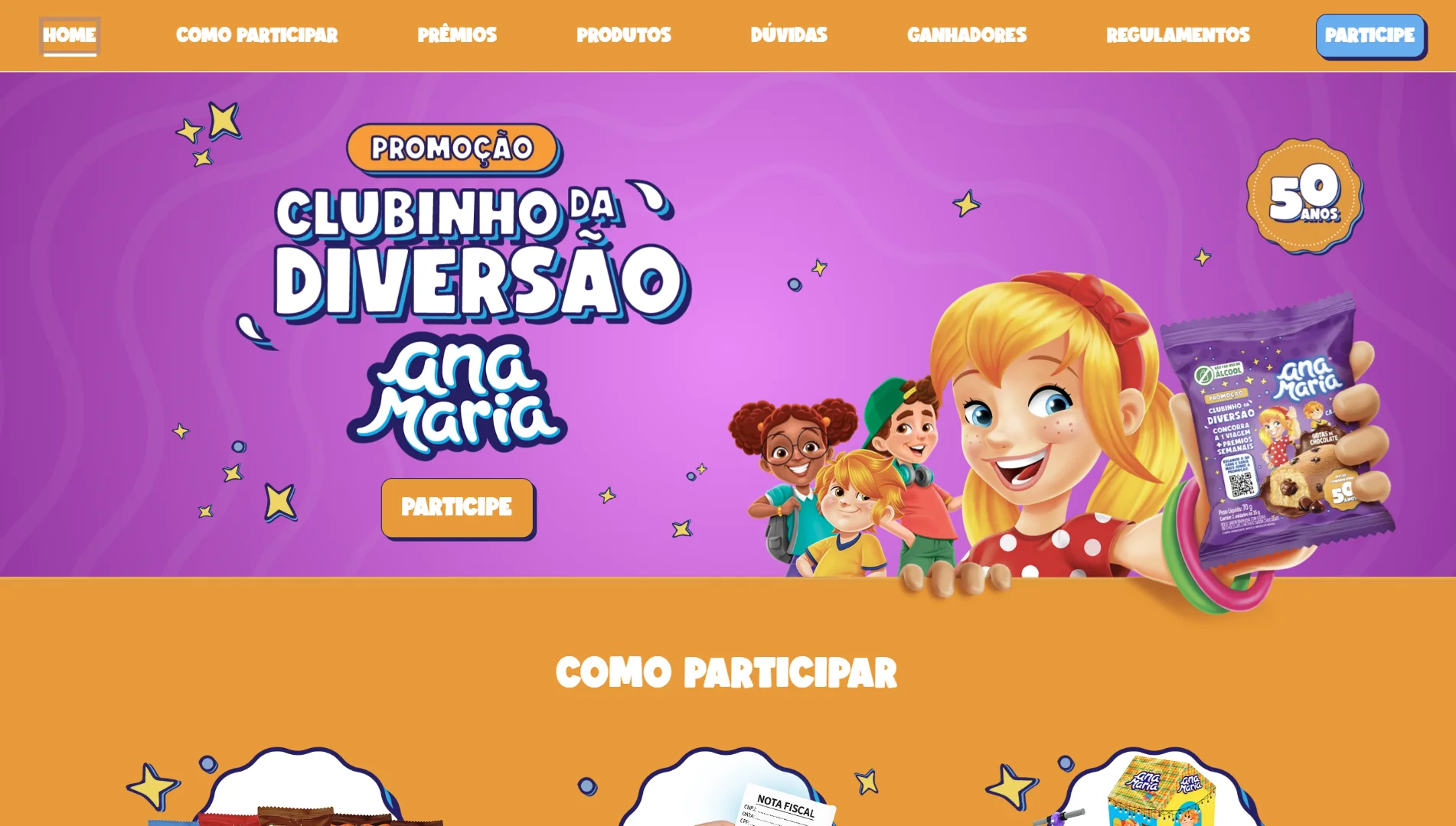 Página inicial da promoção Clubinho da Diversão Ana Maria com personagens, bolinho da marca e botão para participar.