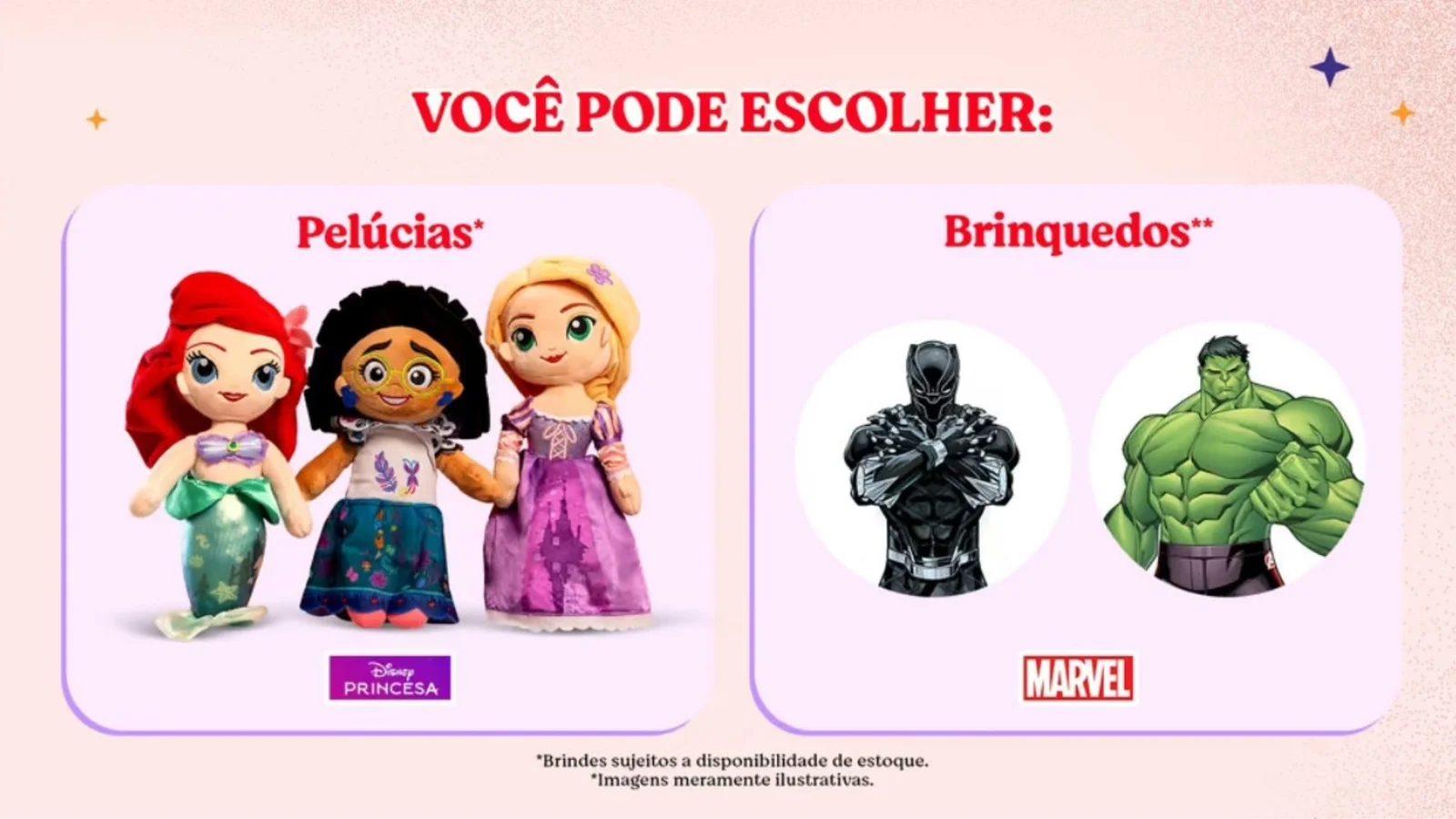 Pelúcias das Princesas Disney e brinquedos da Marvel disponíveis como opções de brindes na campanha Huggies Kids.