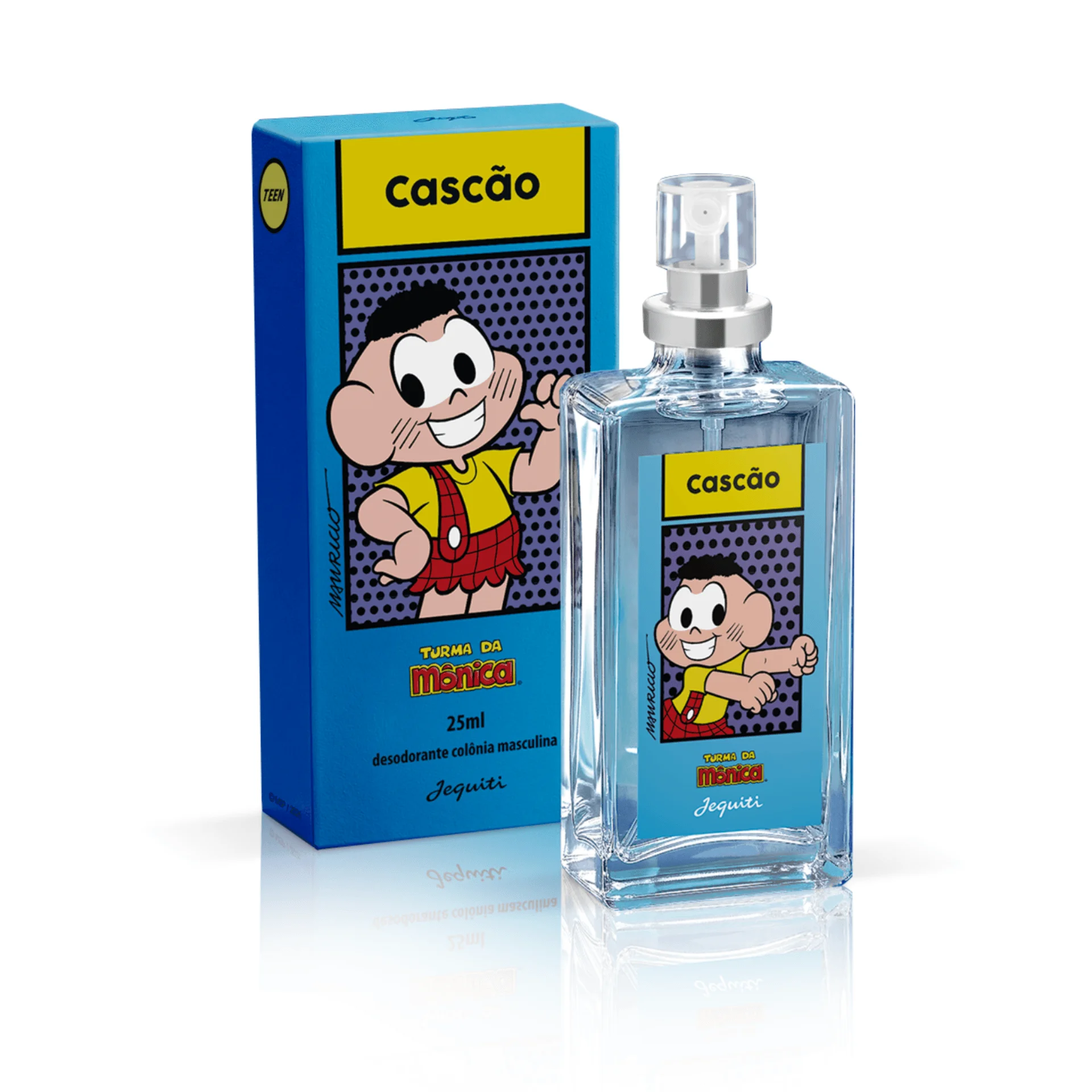 Frasco do perfume Cascão da Jequiti ao lado da embalagem azul com ilustração do personagem da Turma da Mônica.