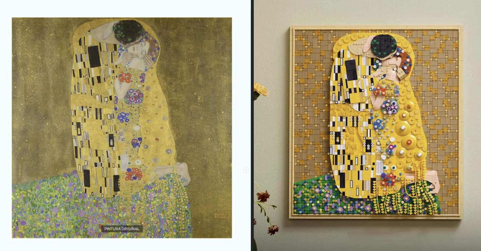 Comparação lado a lado entre a pintura original "O Beijo", de Gustav Klimt, e sua recriação tridimensional da coleção LEGO Art.