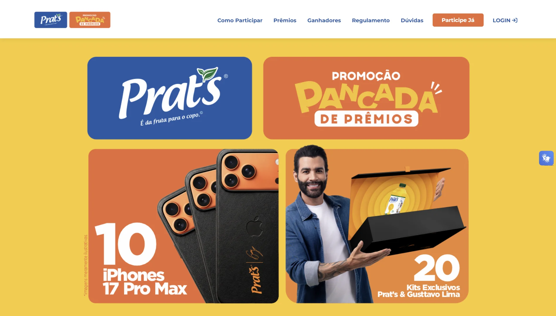 Banner da promoção da Prat’s destaca sorteio de iPhones 17 Pro Max e kits exclusivos em fundo amarelo e laranja.