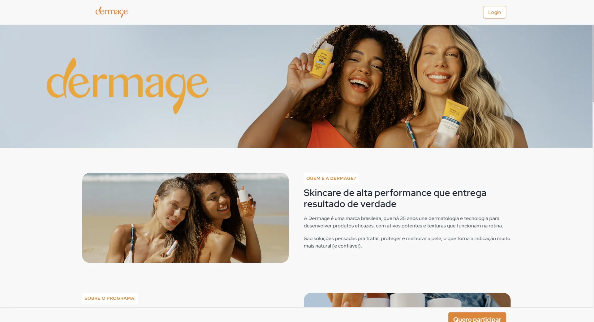 Banner da Dermage exibe influenciadoras segurando produtos de skincare enquanto apresenta plataforma voltada para creators digitais.