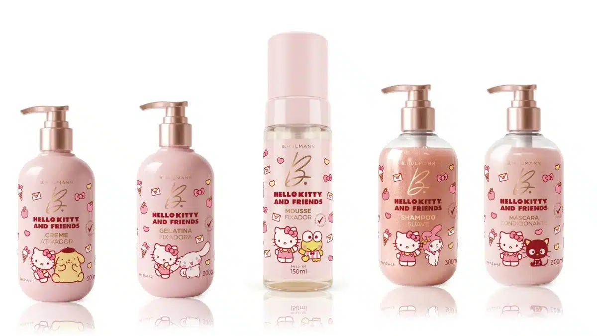 Creme ativador, gelatina, mousse, shampoo e máscara da coleção B. Hulmann Hello Kitty and Friends.