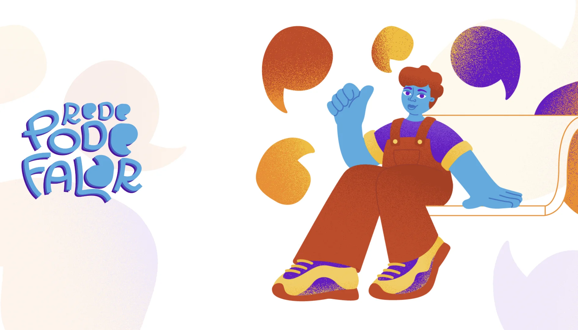 Ilustração da Rede Pode Falar com personagem e elementos gráficos que representam diálogo e acolhimento.