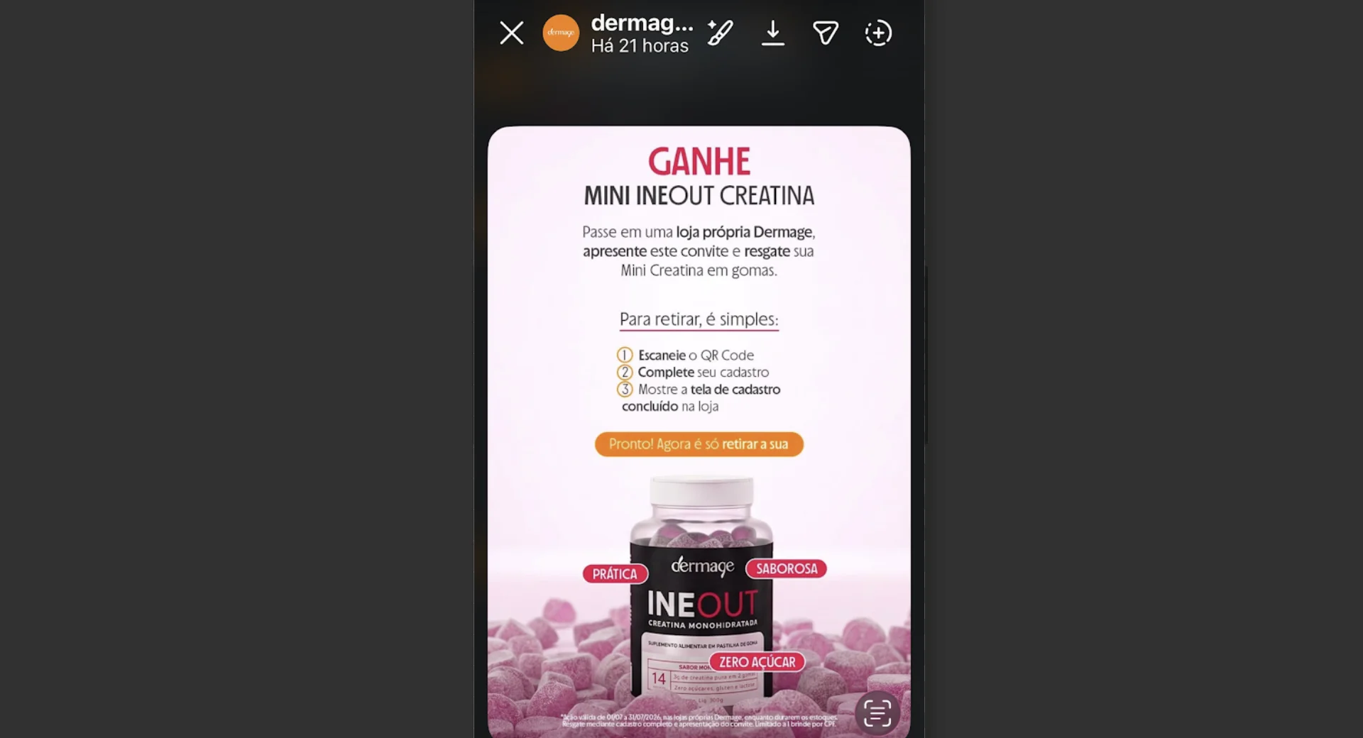 Card da Dermage explica como retirar gratuitamente a mini creatina INEOUT nas lojas participantes.