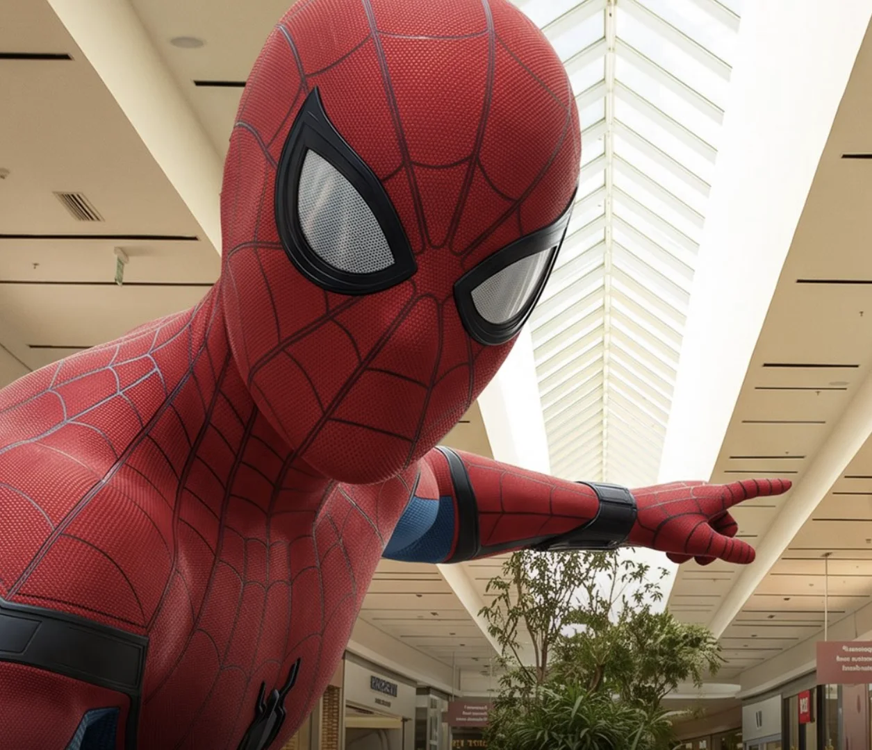 Homem-Aranha faz pose apontando para os visitantes em corredor do Parque Dom Pedro durante ação gratuita.