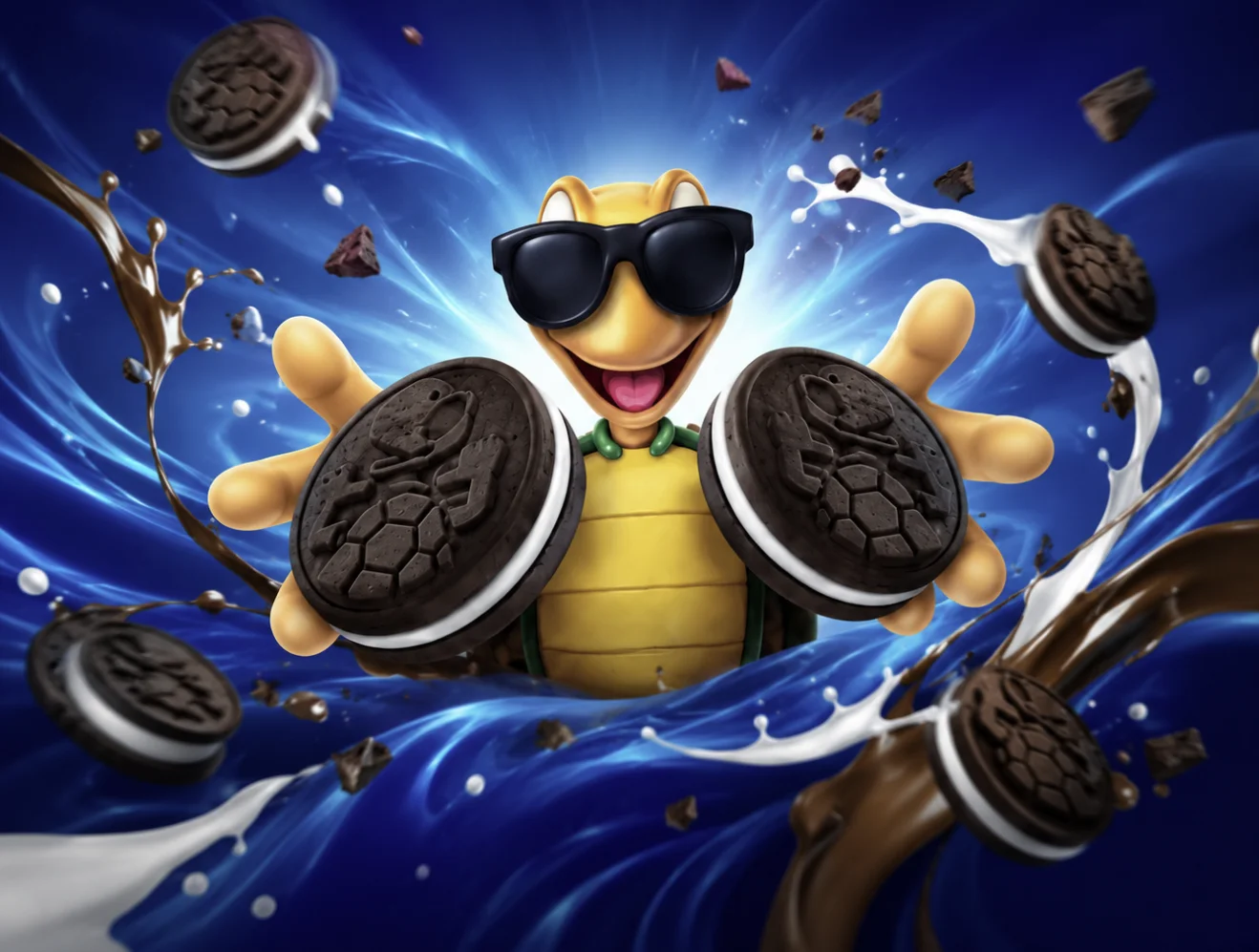 Mascote da Tortuguita usando óculos escuros segurando biscoitos recheados de chocolate, com respingos de leite e chocolate ao fundo.