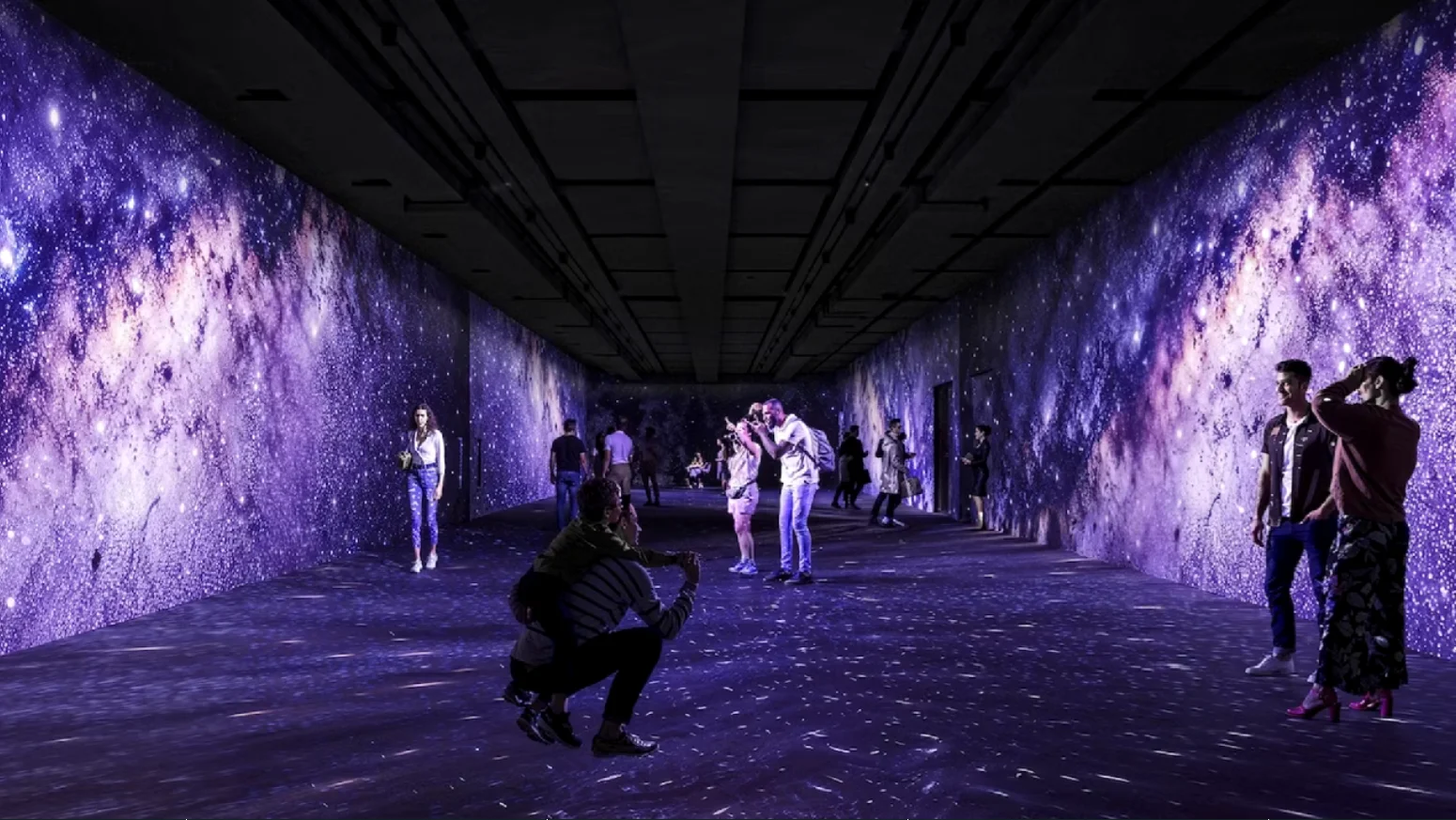Experiência imersiva do Nubank Arte Lab com projeções em São Paulo