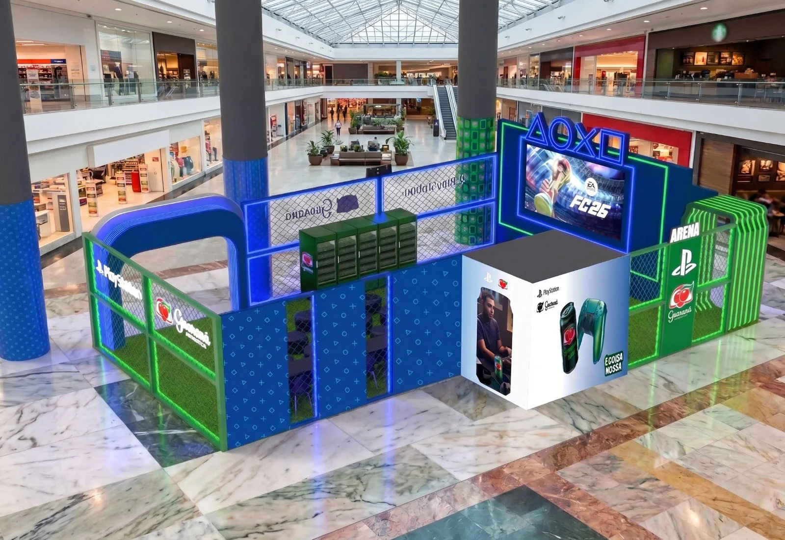 Vista aérea da arena gamer da Guaraná Antarctica e PlayStation montada no Shopping Cidade São Paulo, na Avenida Paulista.