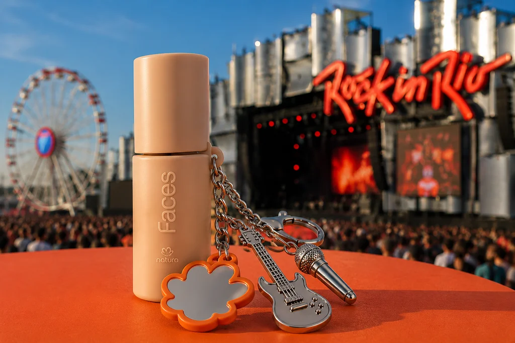 Maquiagem Faces da Natura com chaveiros no Rock in Rio