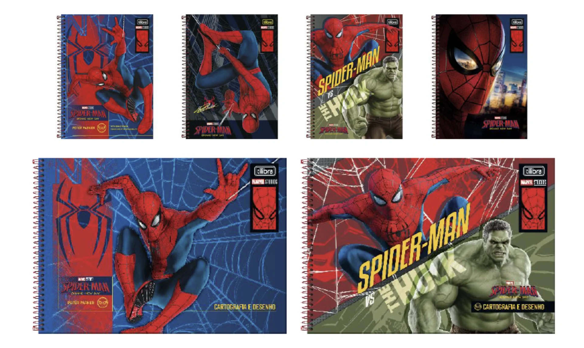 Coleção de cadernos do Homem-Aranha com diferentes capas para a volta às aulas.