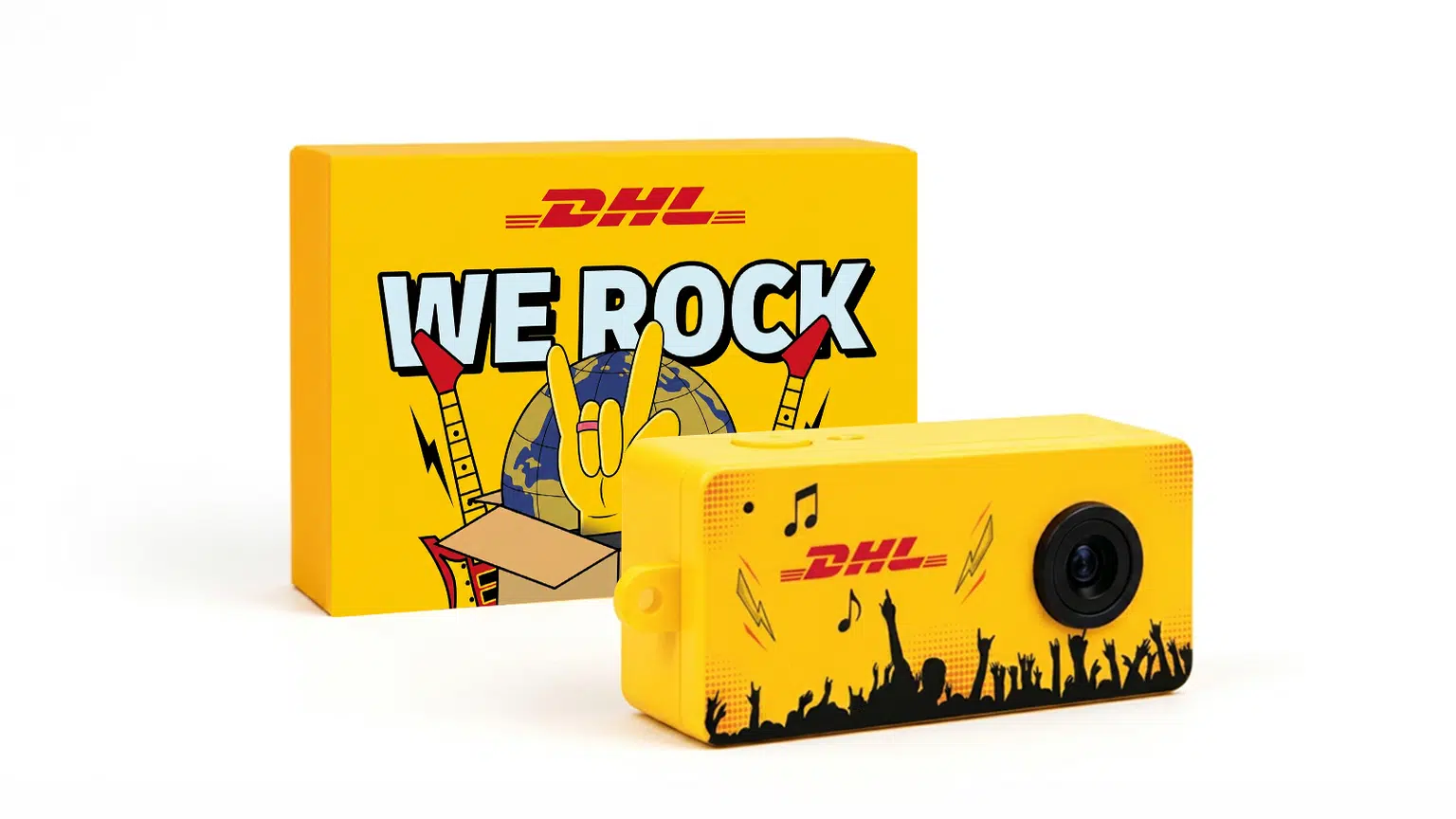 Minicâmera amarela da DHL com embalagem em festival de música.