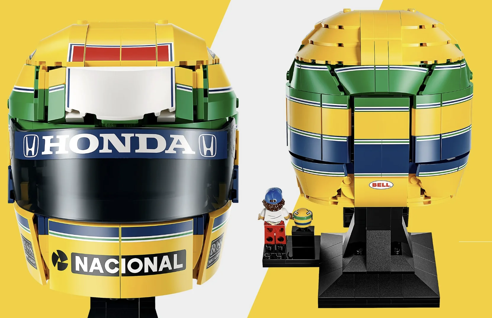 Capacete de Ayrton Senna recriado em LEGO visto de frente e de costas.