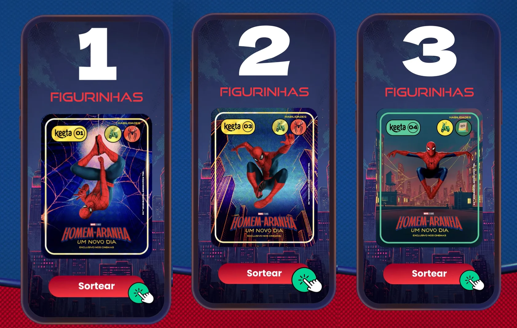 Tela do aplicativo Keeta exibe três figurinhas digitais da coleção Homem-Aranha: Um Novo Dia, com cartas numeradas e botão de sorteio.