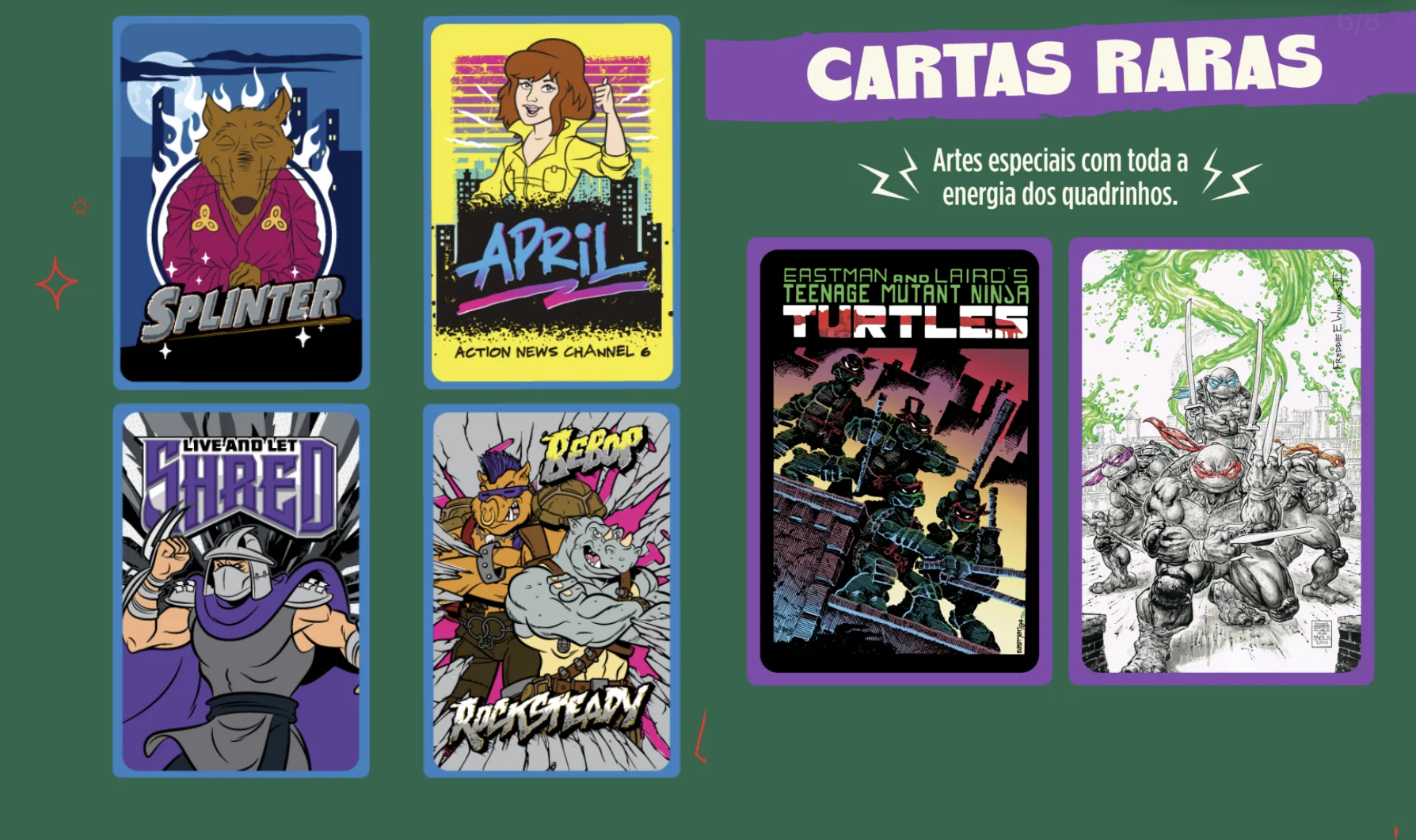 Cards incomuns e raros da coleção Tartarugas Ninja Pizzaria.