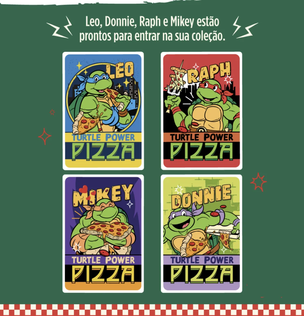 Cards de Leonardo, Raphael, Michelangelo e Donatello da Tartarugas Ninja Pizzaria.