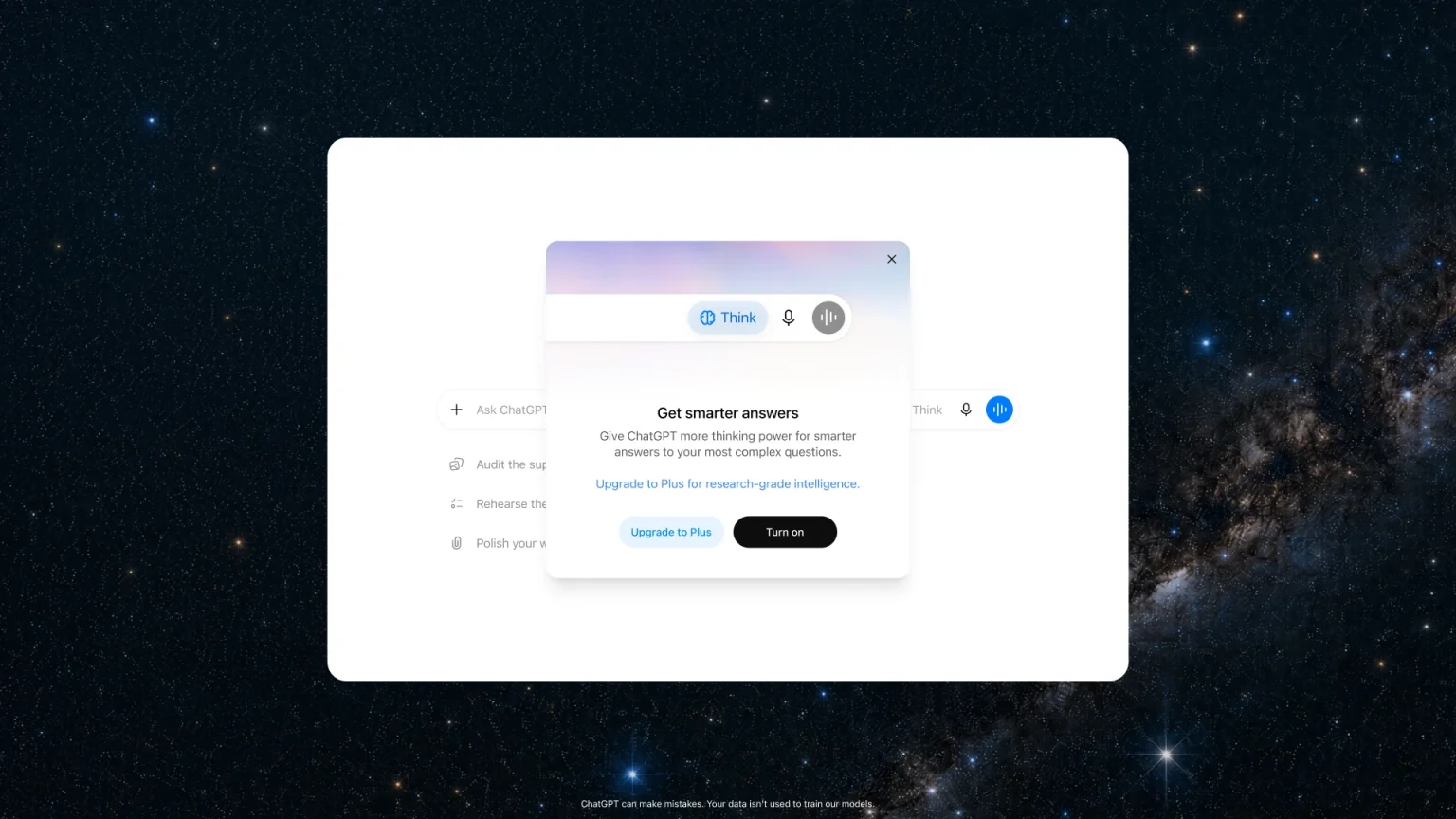 Interface do ChatGPT com botão Pensar ativado.