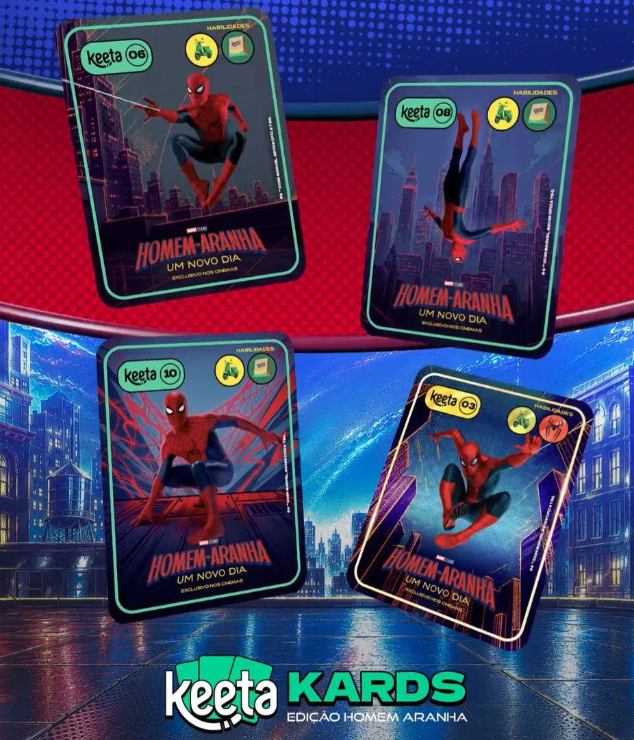 Montagem com quatro figurinhas digitais do Homem-Aranha da coleção Keeta Kards sobre fundo inspirado na cidade de Nova York.