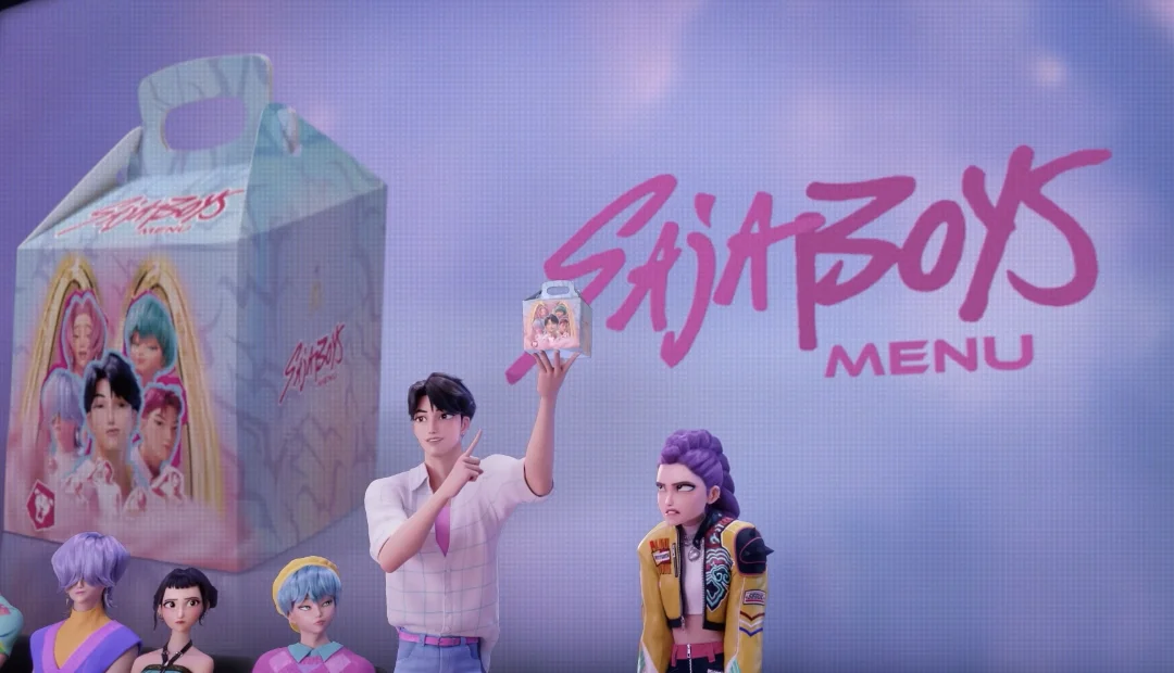 Personagens dos SAJA Boys aparecem ao lado da embalagem do menu temático do McDonald's inspirado em Guerreiras do K-POP.