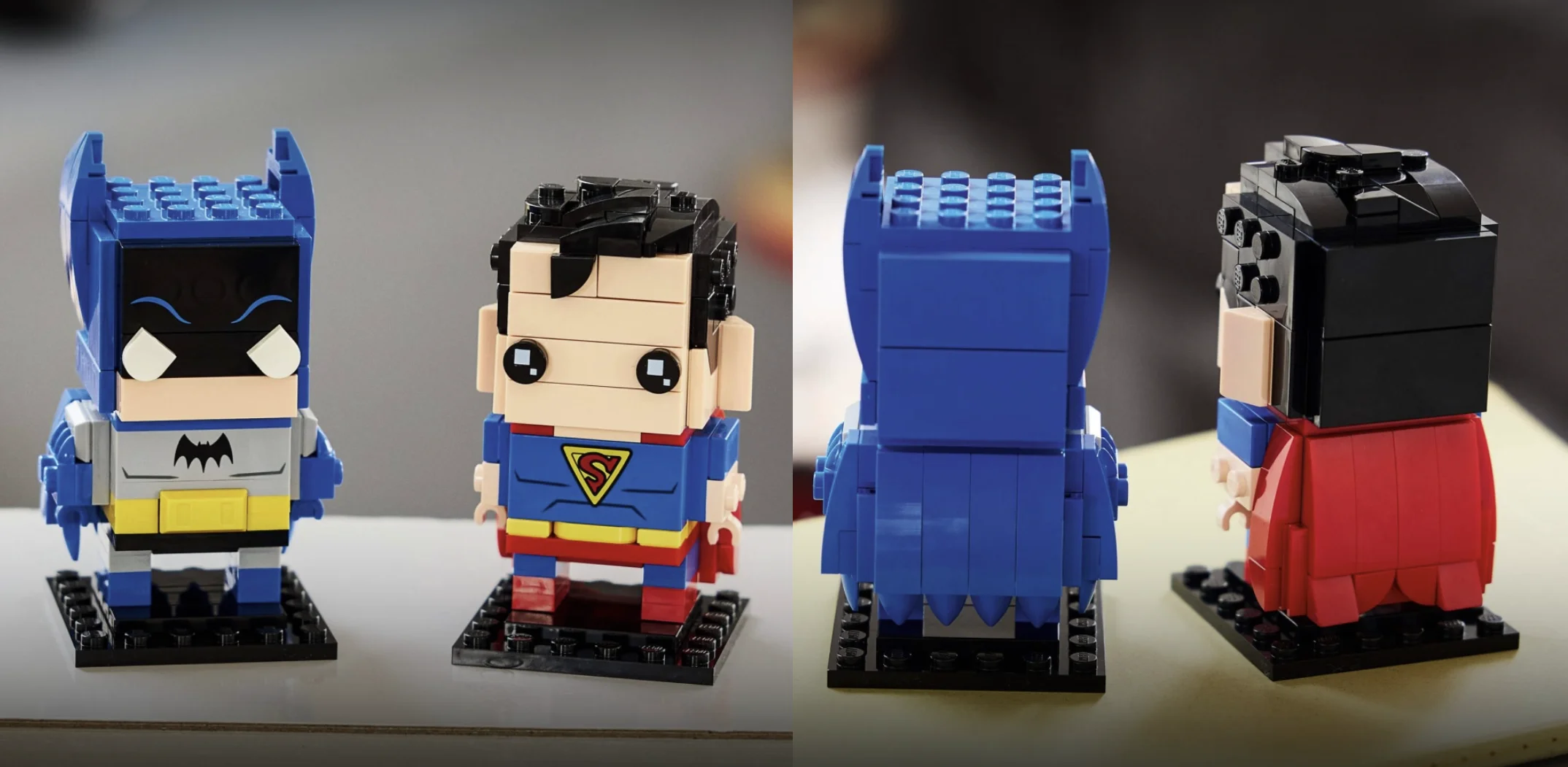 LEGO BrickHeadz de Batman e Superman vistos de frente e de costas em montagem comparativa.