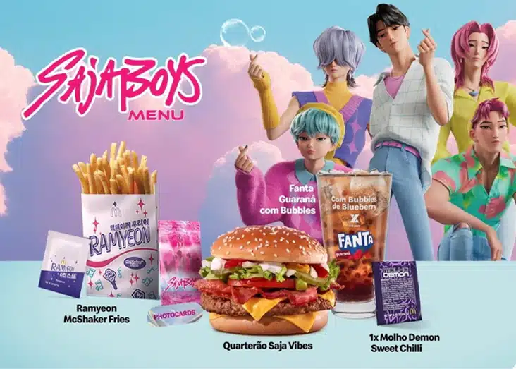 Combo HUNTR/X do McDonald's reúne nuggets, batatas Rameyeon McShaker Fries, Sprite com bubbles, molho Hunter Cajun e photocard.