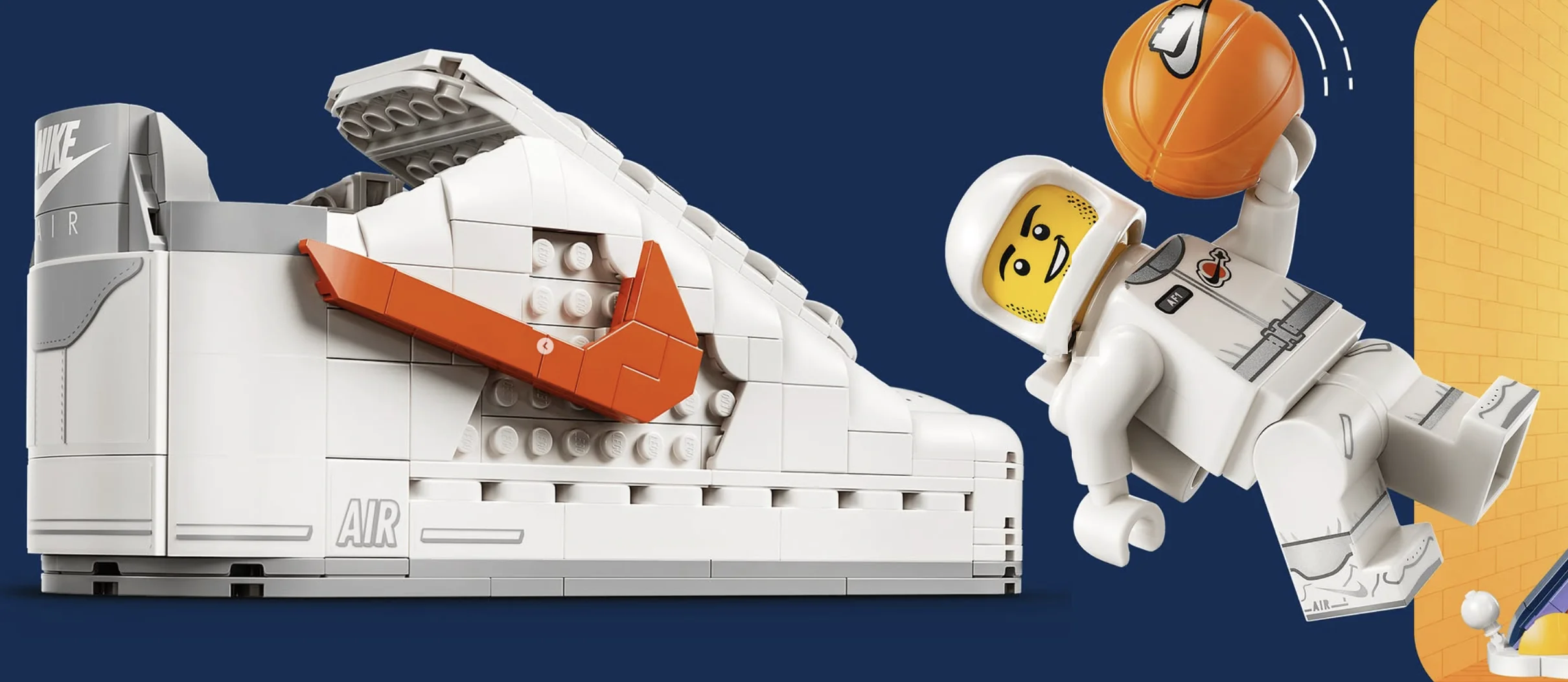 Tênis Nike Air Force 1 de LEGO ao lado de minifigura com bola de basquete.