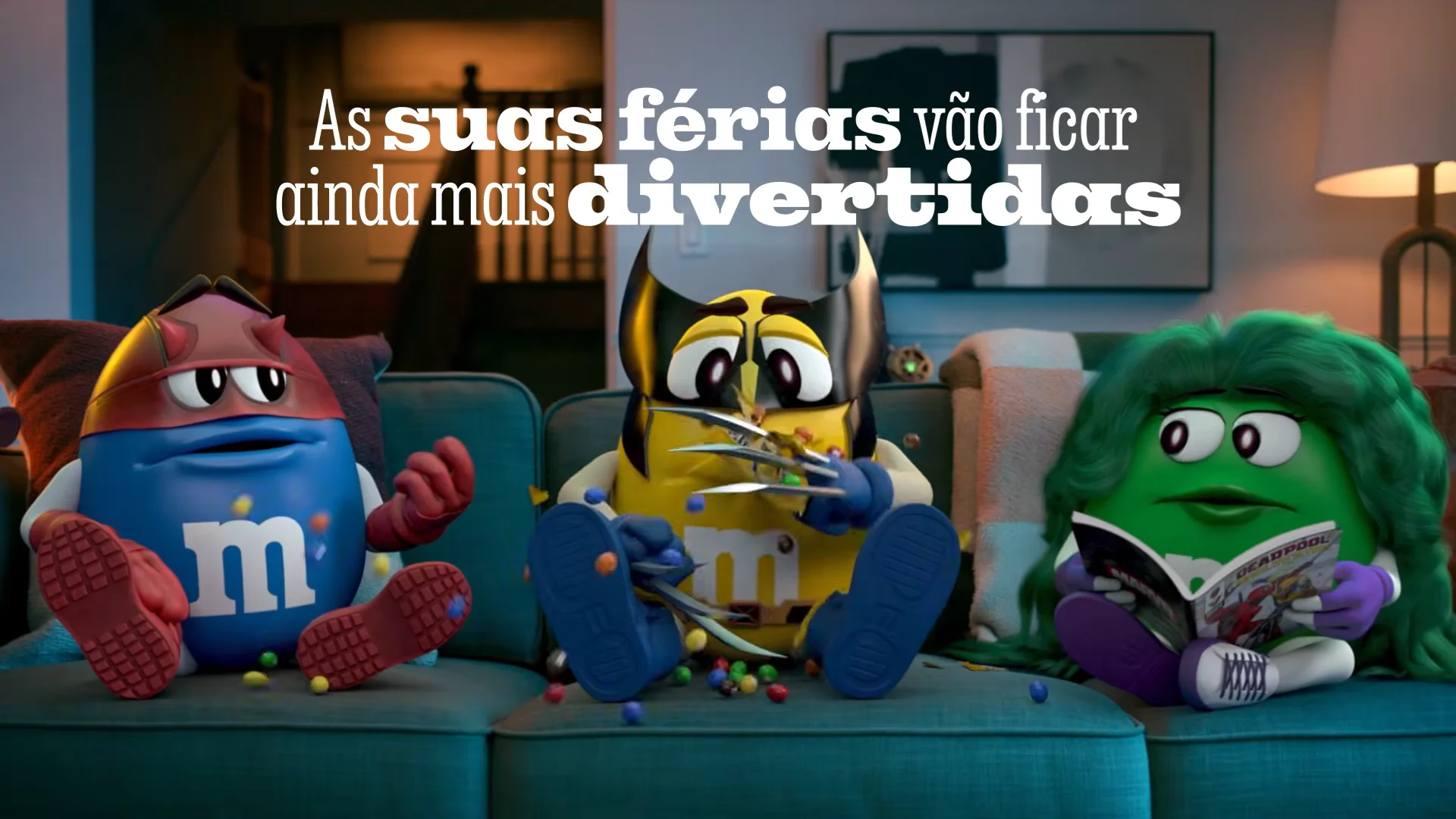 Arte da promoção M&M's e Marvel com embalagens temáticas e destaque para campanha de prêmios.