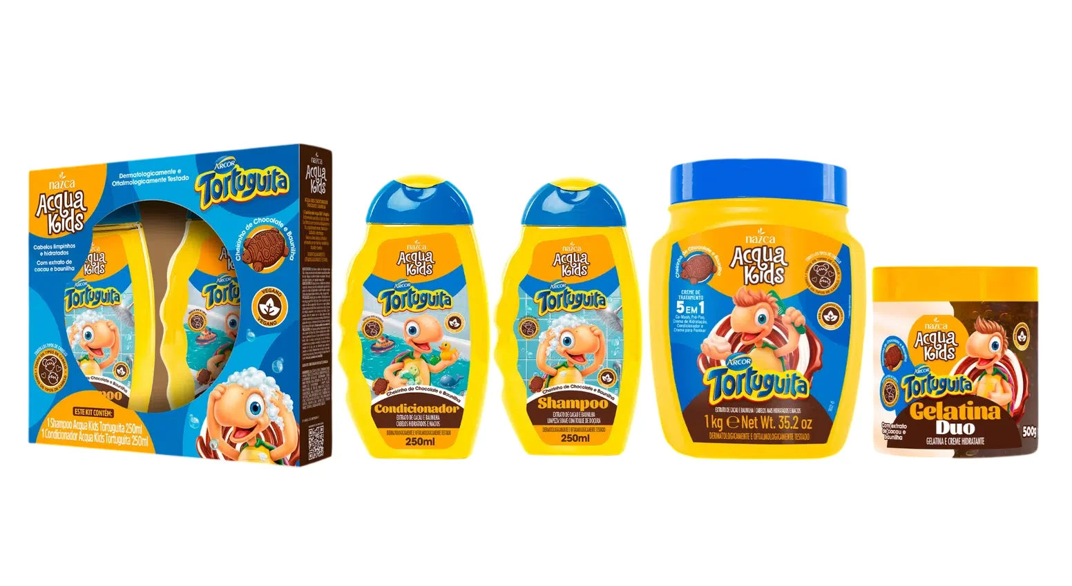 Produtos Acqua Kids Tortuguita com aroma de chocolate.
