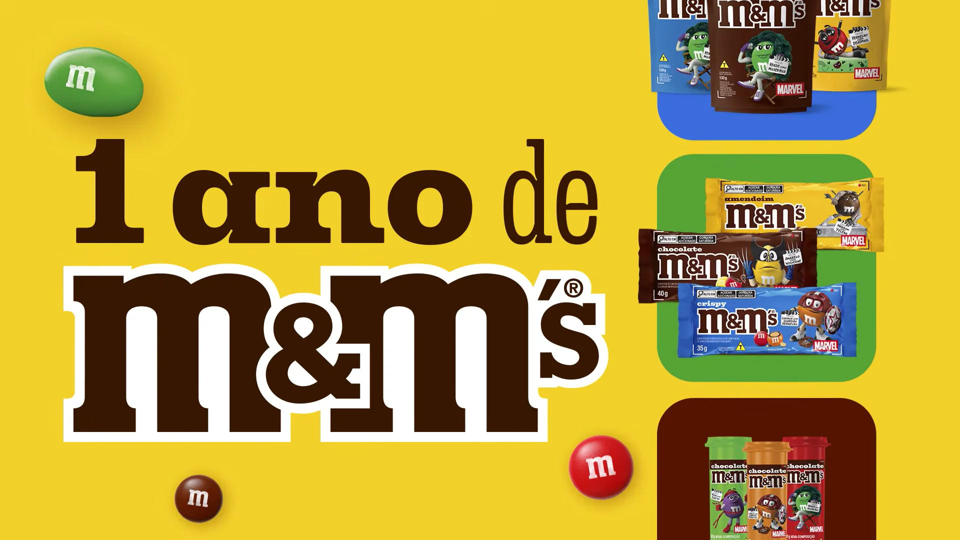 Personagens da M&M's caracterizados como heróis da Marvel durante campanha temática da marca.