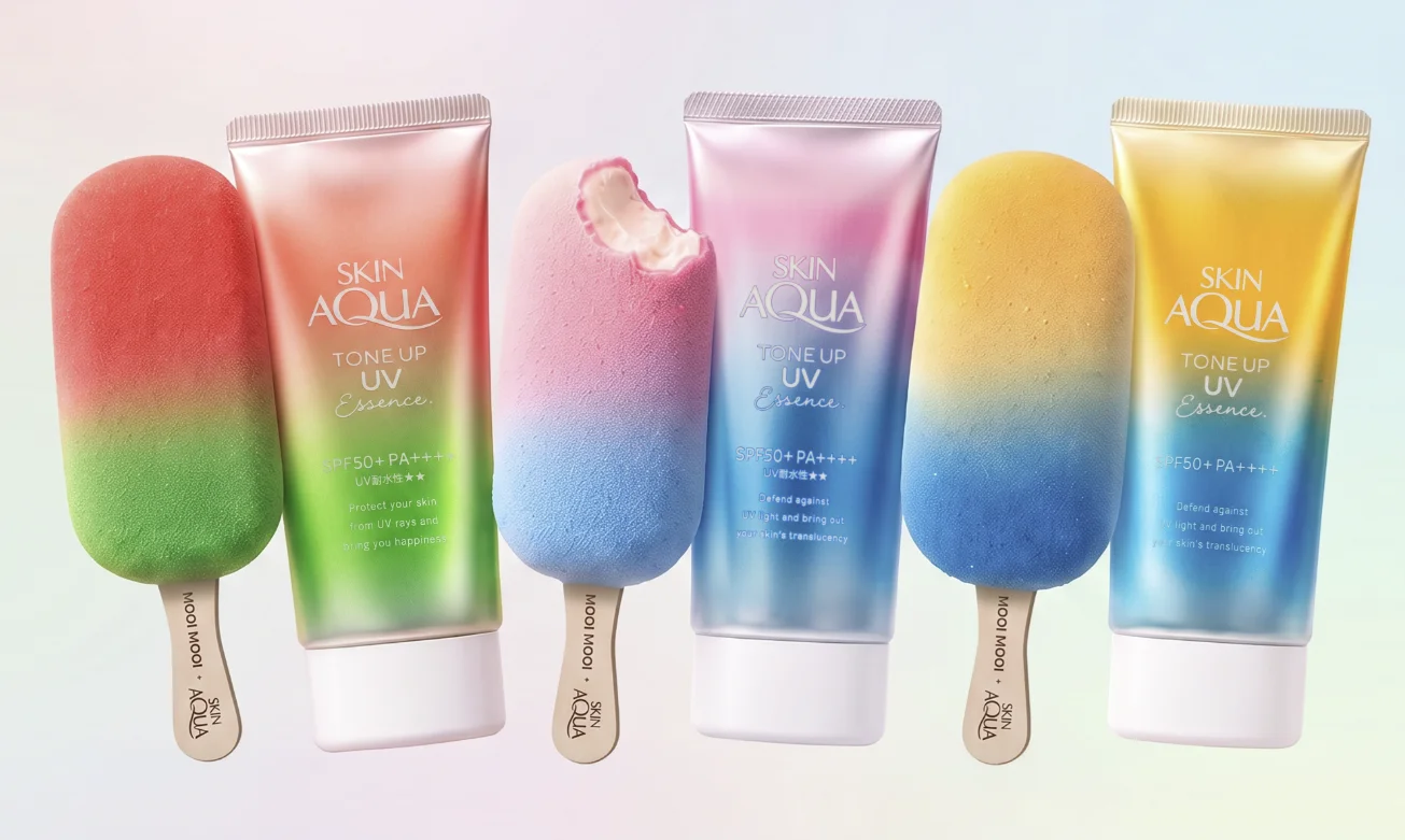 Protetores solares Skin Aqua e sorvetes coloridos da parceria com a Mooi Mooi.