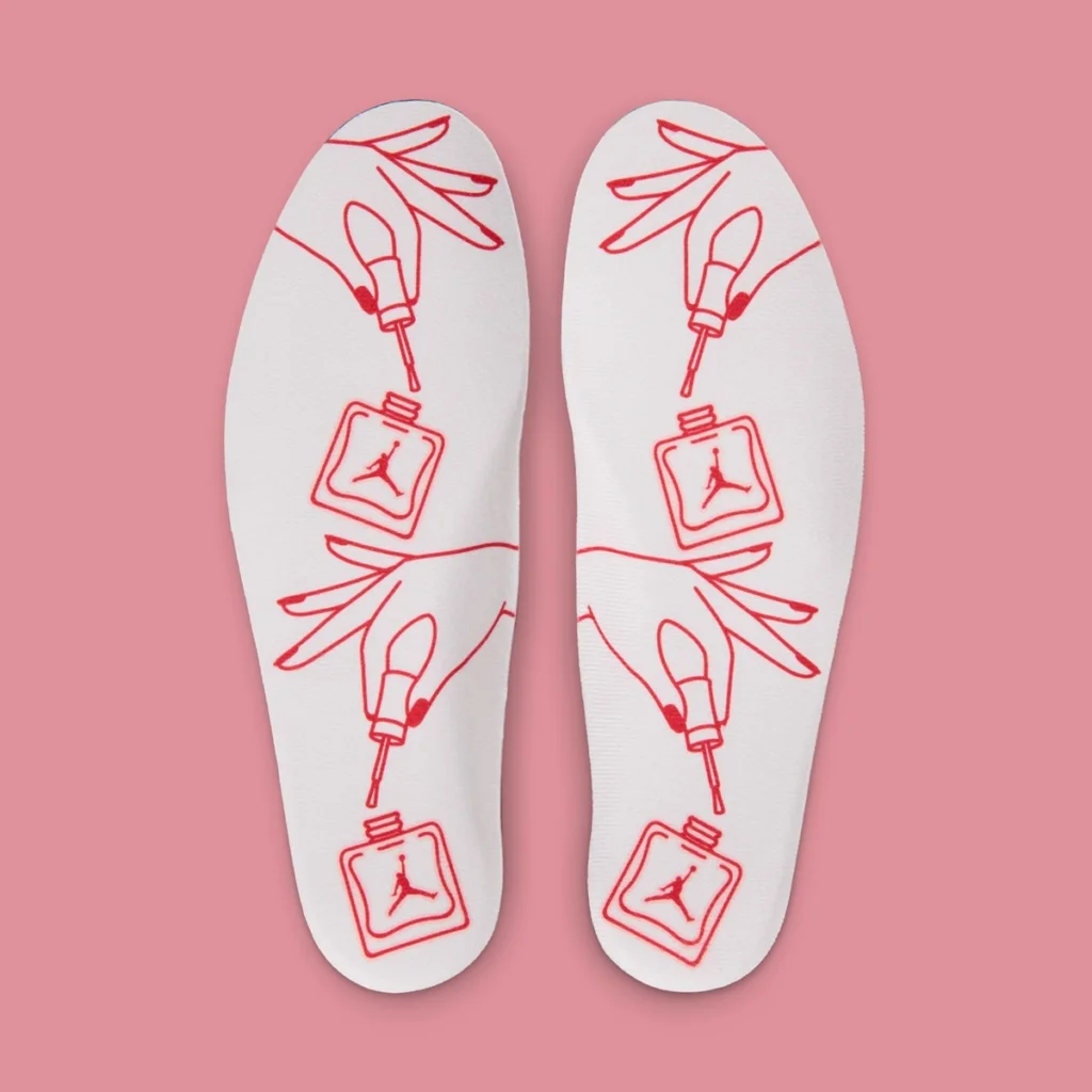 Palmilhas do Air Jordan 1 Nails & Grails com ilustração inspirada em esmaltação e nail art.