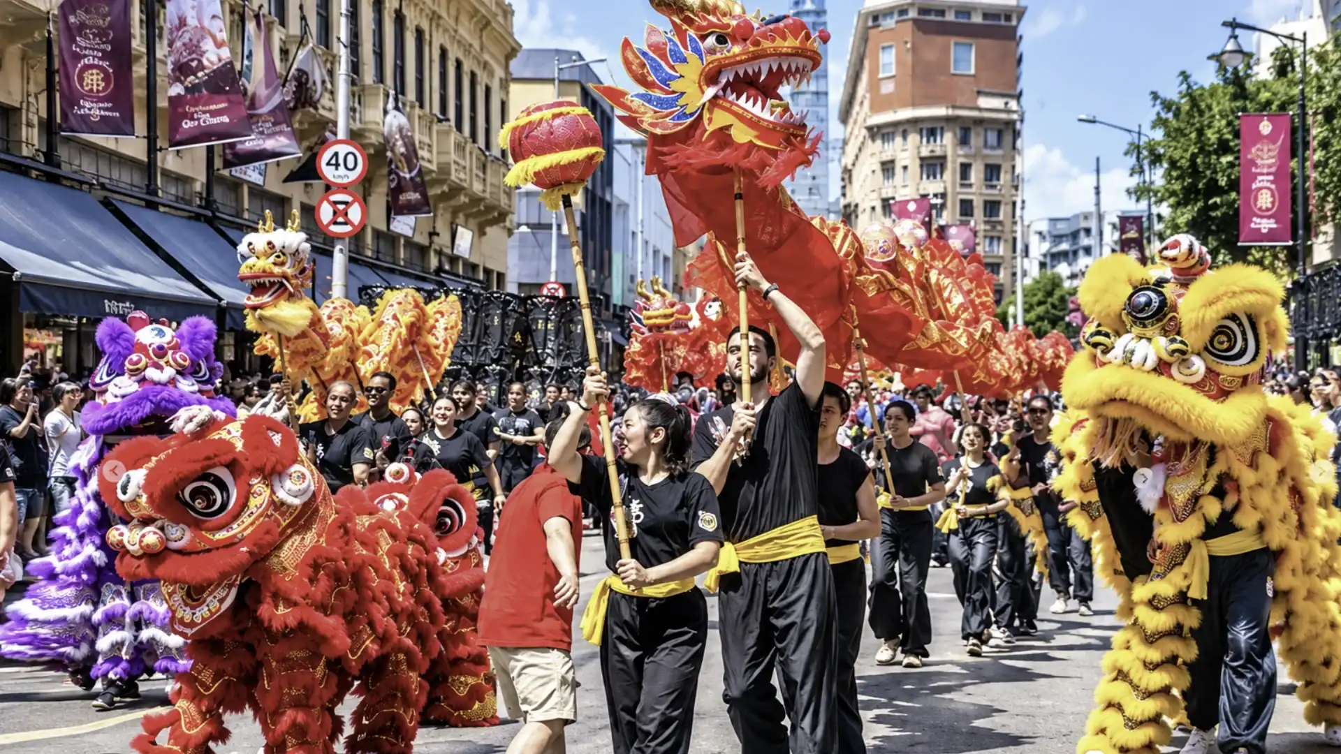 Desfile com leões e dragão chineses no Festival da Lua em São Paulo.