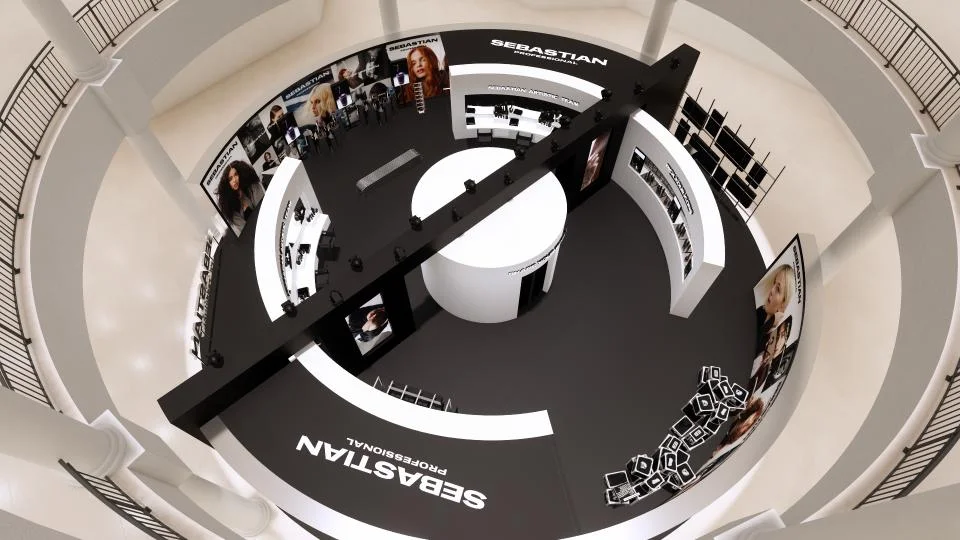 Vista de cima da pop-up Sebastian Professional, com espaços de experiência distribuídos em círculo.
