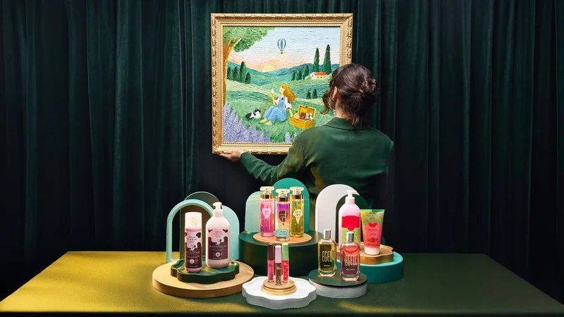 Produtos do Boticário em cenário inspirado em galeria de arte.